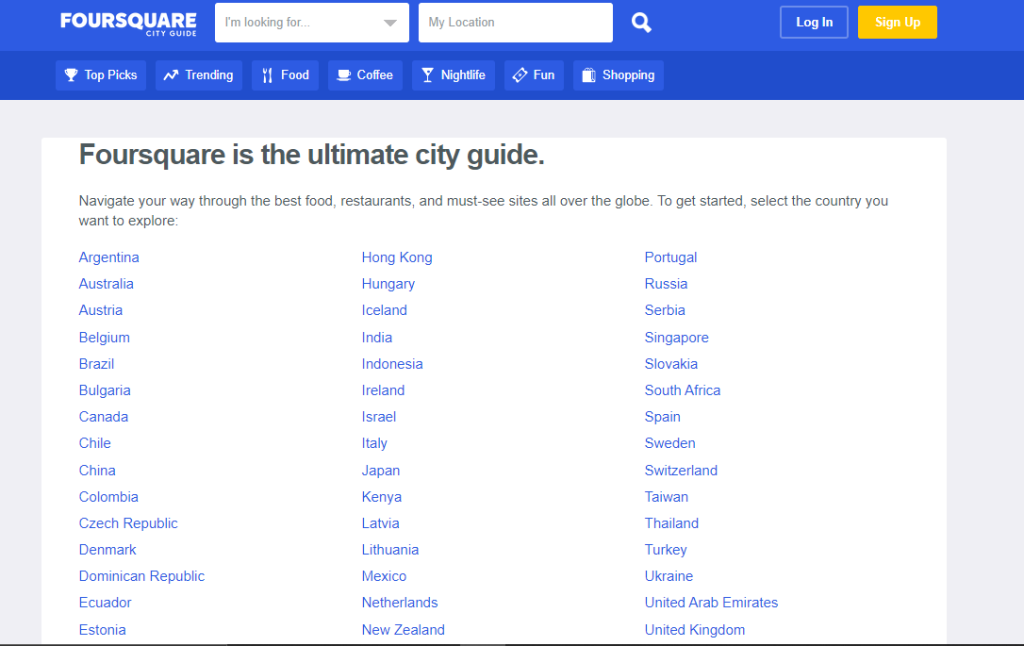 خدمات ترجمة المستندات بالقرب مني: العثور عليها بسهولة 7 لقطة شاشة Rapid Translate لموقع Foursquare City Guide مع قائمة بالبلدان المعروضة.