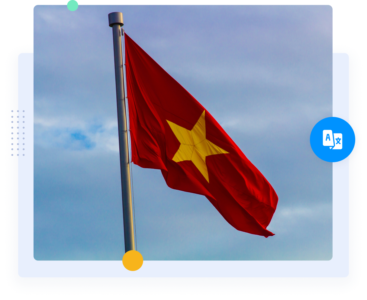 A bandeira vermelha do Vietnã com a estrela amarela representando as traduções do vietnamita para o inglês.