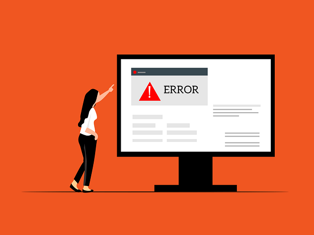 Por que o Google Translate é tão ruim? Falhas da tradução automática 5 Uma ilustração em que uma senhora aponta para uma mensagem de erro na tela de um monitor.