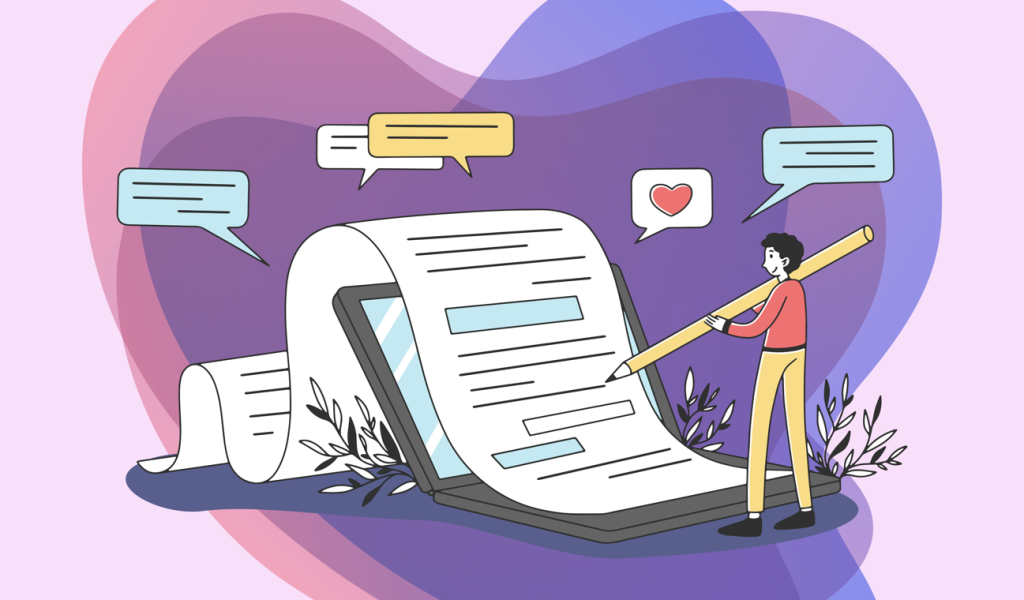 Ilustração mostrando uma pessoa escrevendo e verificando um texto.