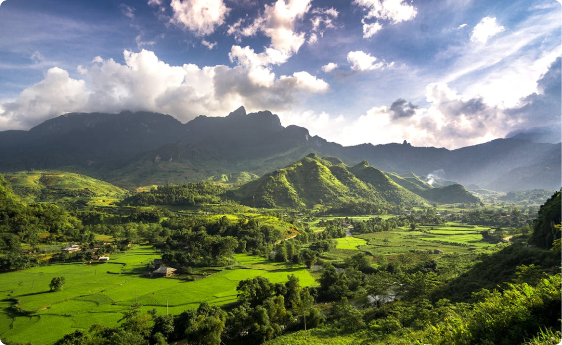 Vietnamesische Landschaft mit grünen Feldern und Bergen, die vietnamesische Wörter übersetzen.