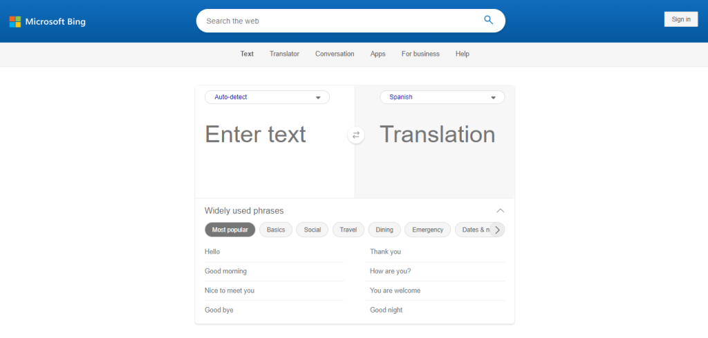 Rapid Translate's Bildschirmfoto der Bing Microsoft Translator Website in einem Browser.