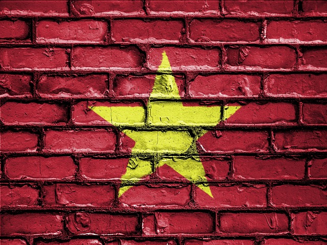 Vietnamesische Übersetzung: Überblick über die Dienstleistungsanbieter 5 Das vietnamesische Emblem und die rote Farbe an einer Wand.