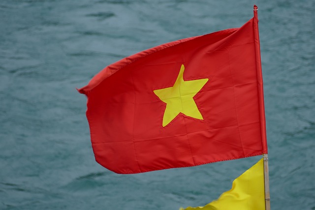 Vietnamesische Übersetzung: Überblick über die Dienstleistungsanbieter 3 Eine vietnamesische Flagge flattert im Wind, im Hintergrund das blaue Meer.