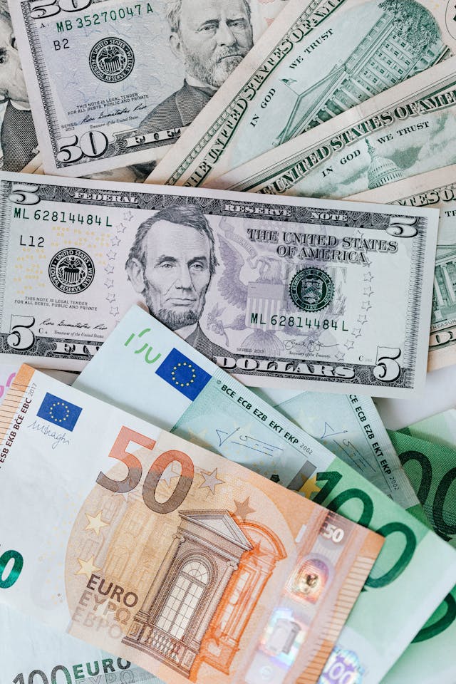 Was ist Übersetzung und Lokalisierung? 4 Eine Nahaufnahme mehrerer Euro- und amerikanischer Dollarscheine.