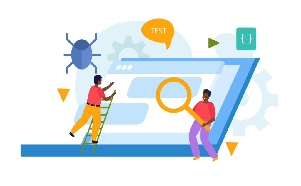 Website-Lokalisierung: Ein praktischer Leitfaden 6 Eine Illustration von zwei Personen, die Software mit einer Lupe, einem Fehlersymbol und Codesymbolen auf einem großen Bildschirm testen.
