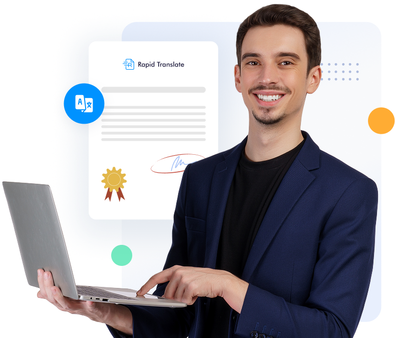 Hombre sosteniendo un portátil con un documento de traducción certificada y el logotipo de Rapid Translate de fondo.
