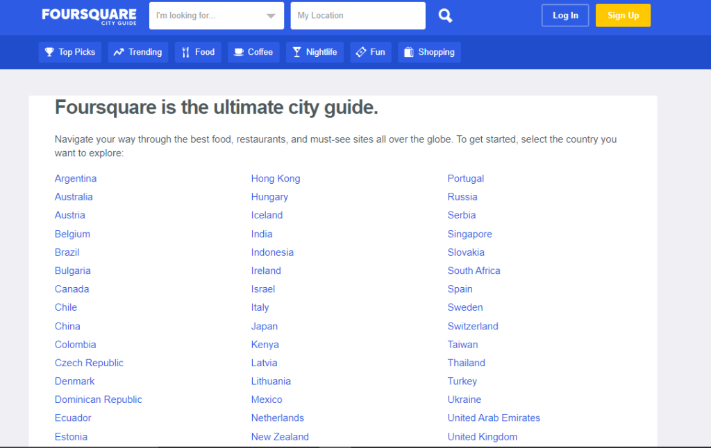 Captura de pantalla de Rapid Translate del sitio web de Foursquare City Guide con una lista de países. 