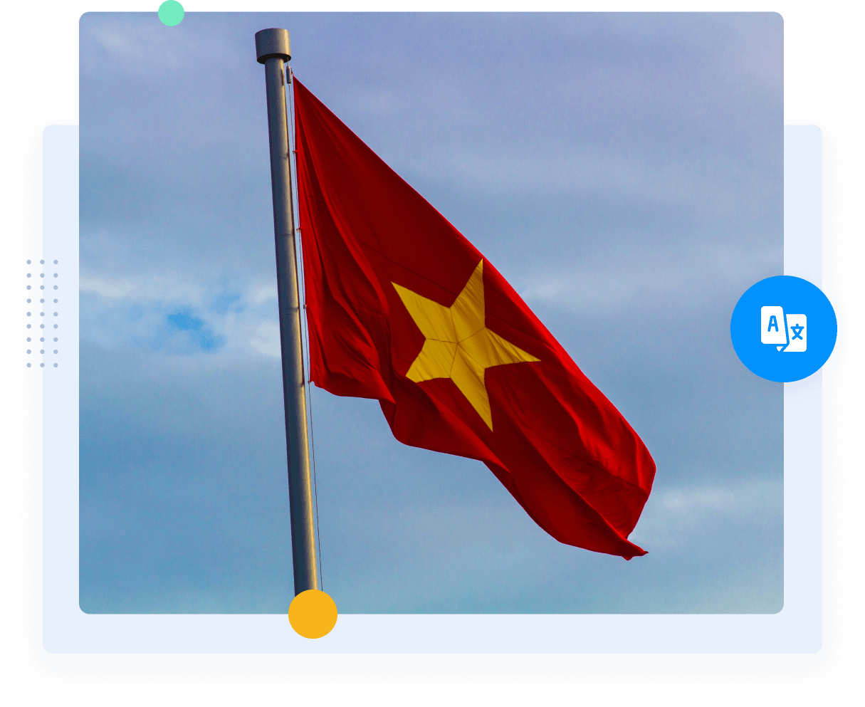 Le drapeau rouge du Viêt Nam avec l'étoile jaune représentant les traductions vietnamien-anglais.