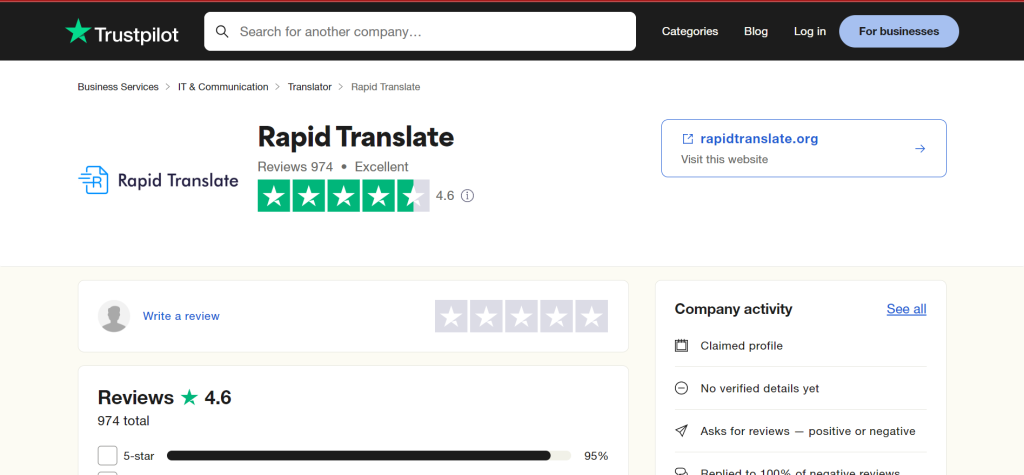Services de traduction : Où obtenir des traductions fiables 5 Capture d'écran d'une page d'évaluation de Rapid Translate sur Trustpilot.