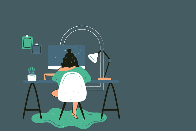 Emplois de traduction à domicile : Conseils pour développer votre carrière 6 Illustration d'une personne portant des vêtements d'intérieur, assise devant une table de travail contenant un ordinateur.
