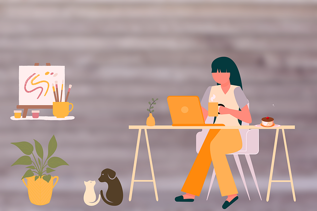 Emplois de traduction à domicile : Conseils pour développer votre carrière 3 Illustration d'une personne avec une tasse travaillant à la maison sur un ordinateur portable avec un chien et un chat à côté de leur table.