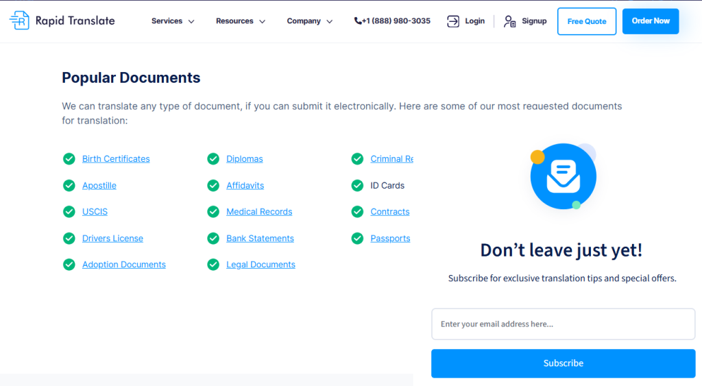 Capture d'écran de la page de Rapid Translate avec une liste de documents populaires et un formulaire de contact.