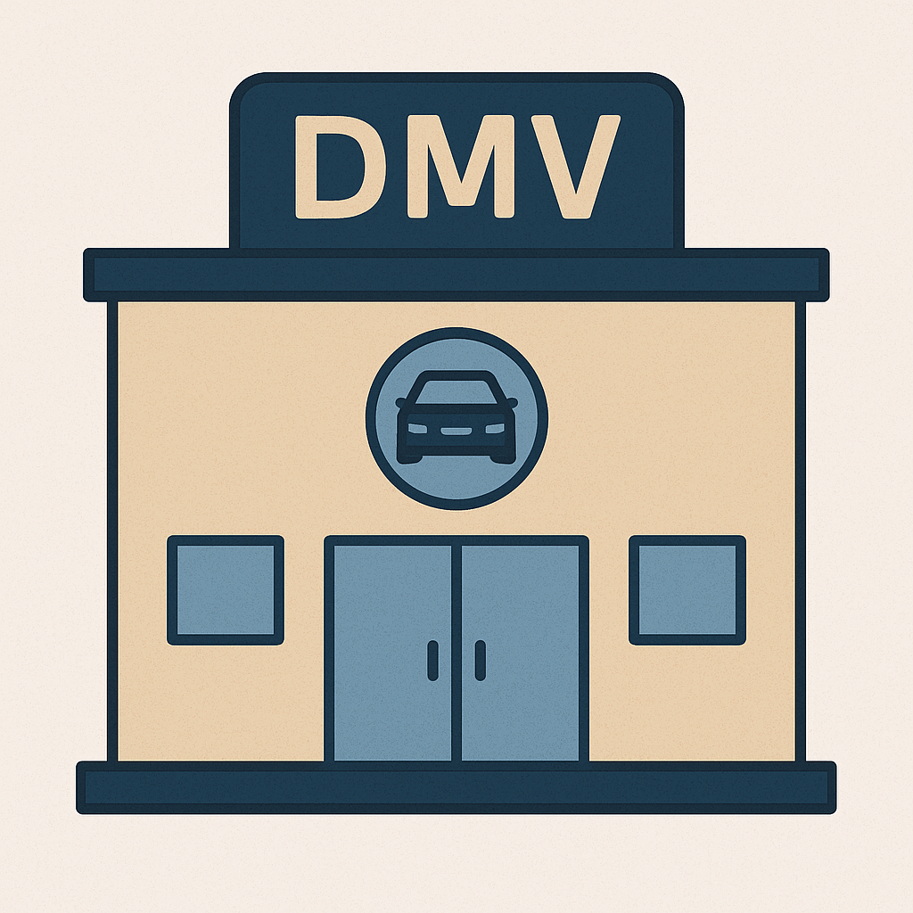 Illustration plate d'un bâtiment DMV avec un symbole de voiture et un grand panneau DMV au-dessus de l'entrée.