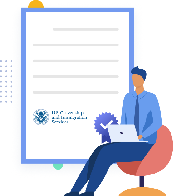 Gráfico do Rapid Translate de um homem sentado em frente a um documento de tradução de carteira de motorista certificado pelo USCIS.