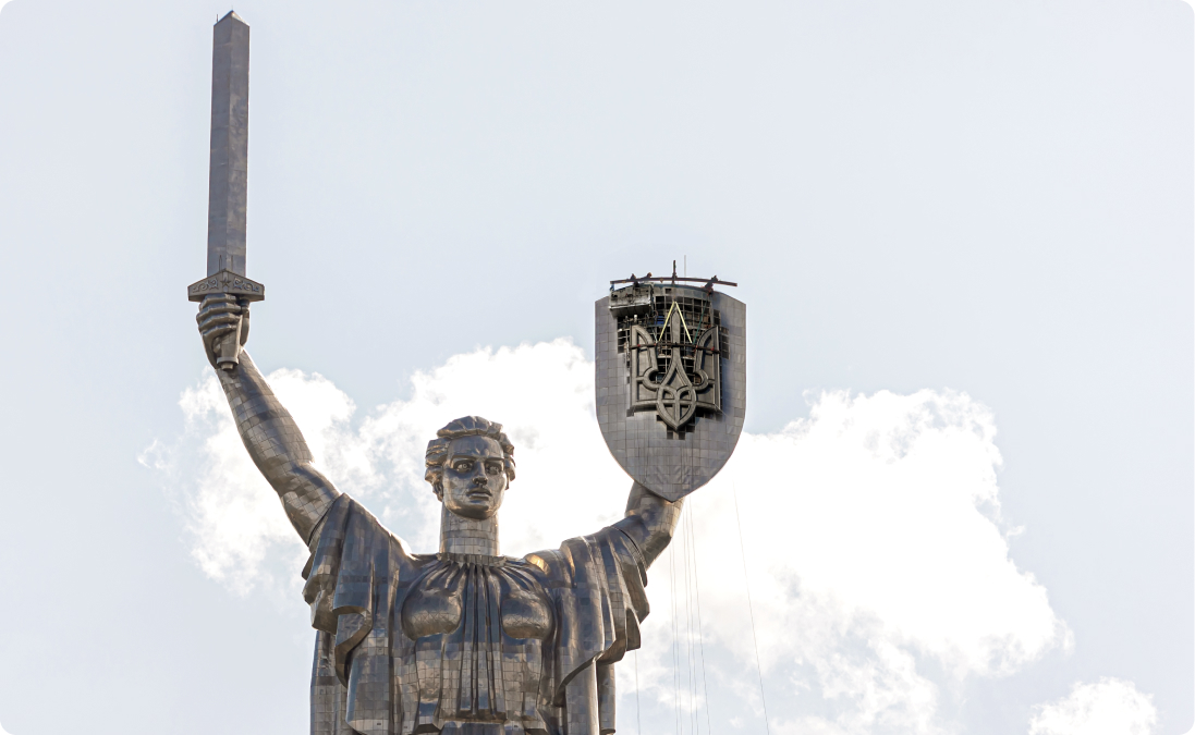 Drone shot of Motherland Monument in Kyiv, symbolizing Ukrainian translation services.