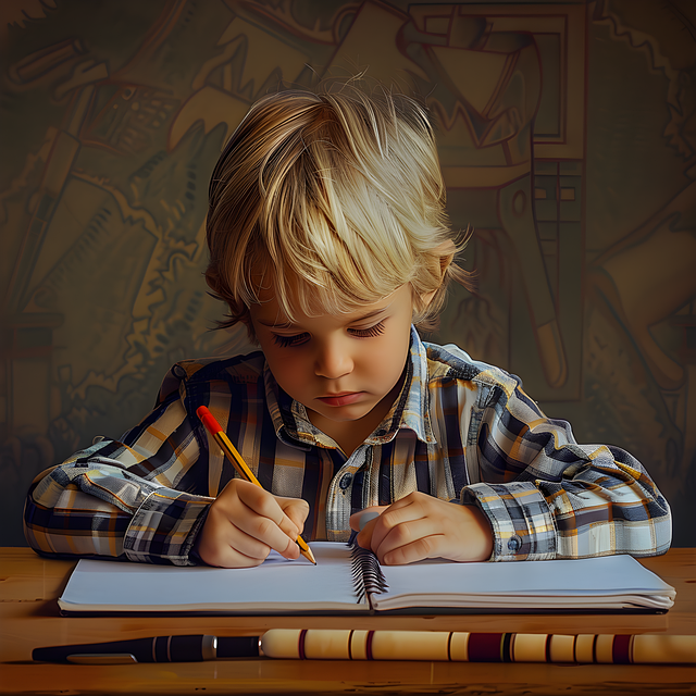 Un bambino scrive su un libro.
