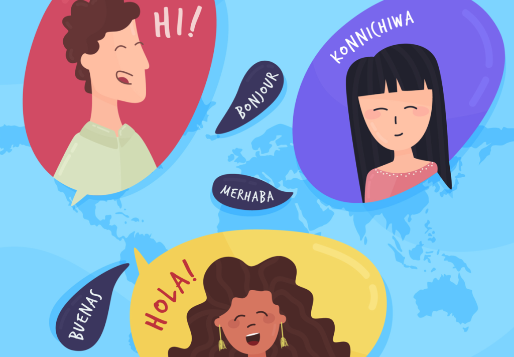 Un'illustrazione di persone diverse che si salutano in lingue diverse.