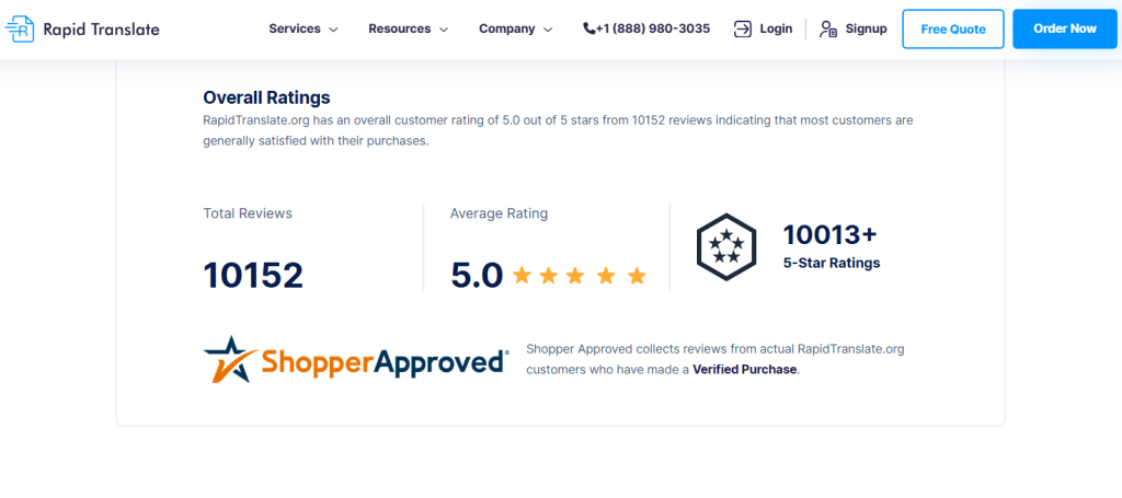 Una schermata della valutazione delle recensioni dei clienti di Rapid Translate.