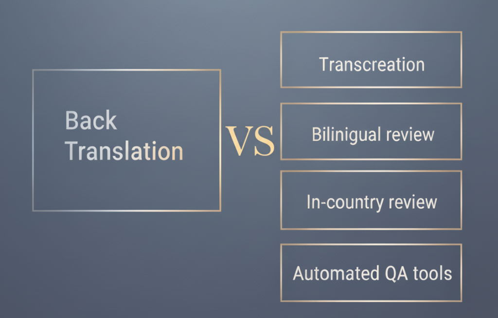 Infografica che mette a confronto la traduzione inversa con la transcreazione, la revisione bilingue, la revisione interna e gli strumenti di controllo qualità automatizzato.