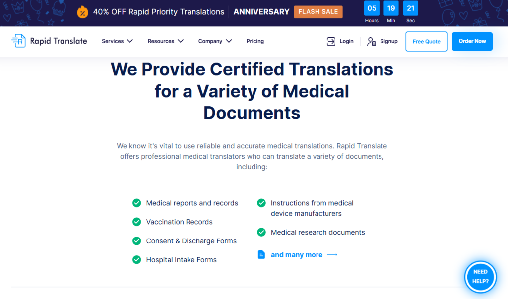 Come tradurre documenti medici online (referti, prescrizioni e note del medico) 5 Screenshot della pagina "Rapid Translate" che mostra i diversi tipi di documenti medici disponibili per la traduzione.