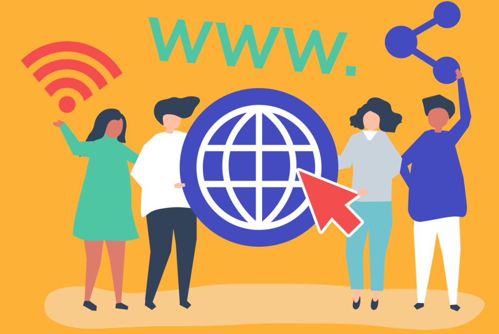 Wi-Fi、シェア、WWWなどのインターネットアイコンと地球儀を囲む人々のイラスト。