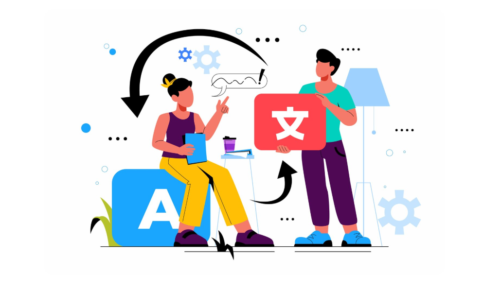 言語を翻訳する2人。1人は「A」のブロックを持ち、もう1人は外国文字のブロックを持つ。