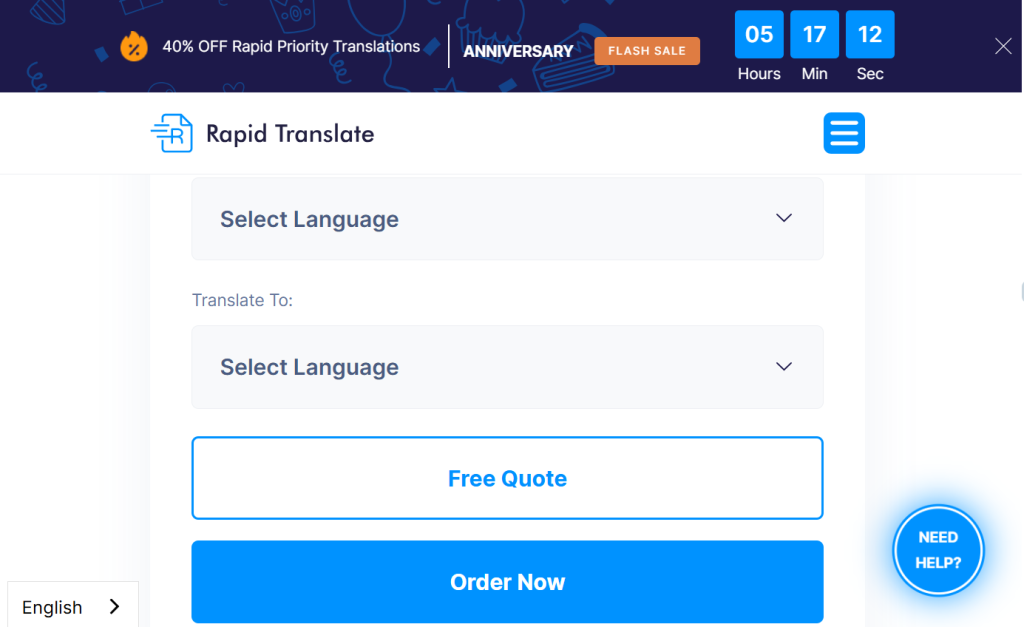 Zrzut ekranu formularza zamówienia Rapid Translate z przyciskiem Zamów teraz i opcjami wyboru języka.