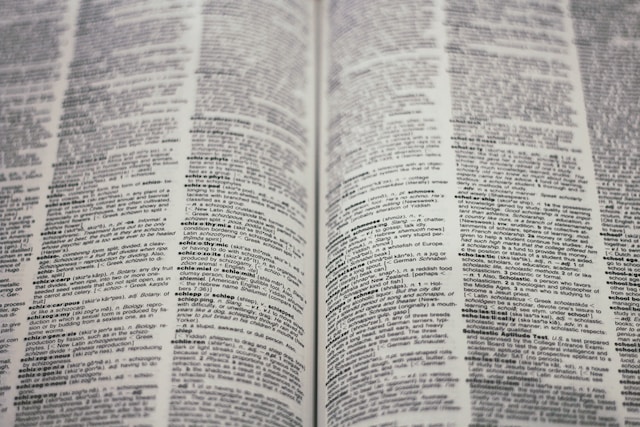 Close up of English words in a dictionary.
