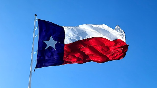 The Texas flag on a clear, windy day.
