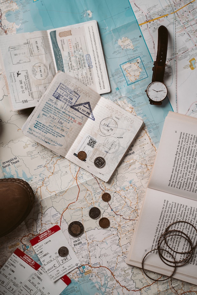 Travel documents, maps, and other essentials.