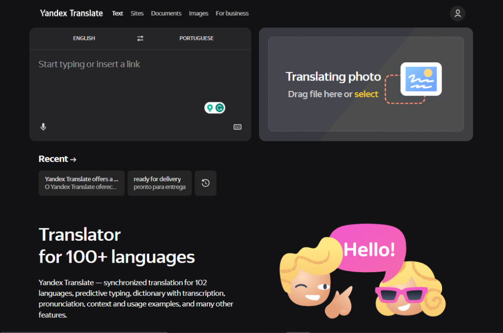 Rapid Translate’s screenshot of the Yandex Translate website on a desktop browser.
