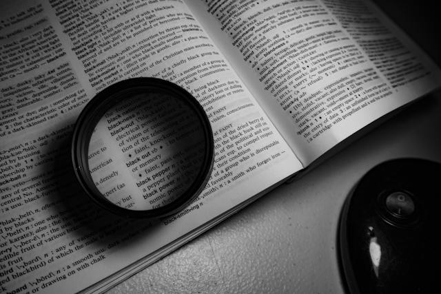 Is Rapid Translate Legit? Find Out If It's The Real Deal 8 A picture of a dictionary with a magnifying lens on its open page.