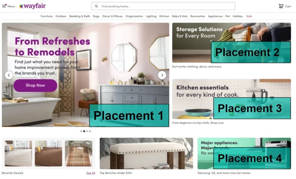 A screenshot of Wayfair’s homepage. Within the screenshot are several images of furniture and various content categories to overlook them. 