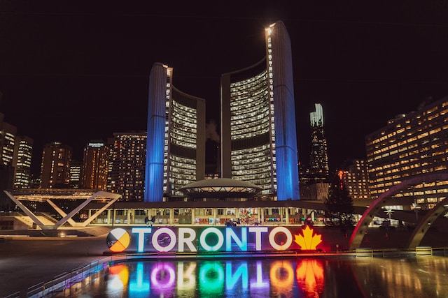 The Toronto skyline at night.