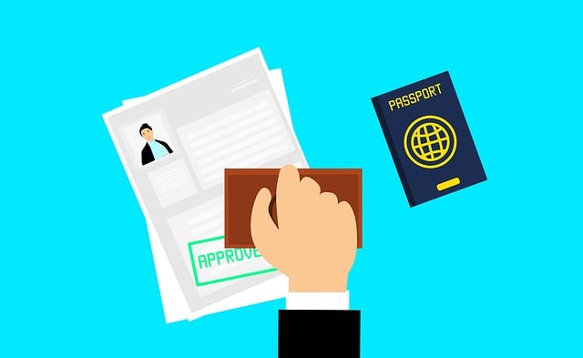 An illustration of a person using an approved stamp on documents beside a passport.
