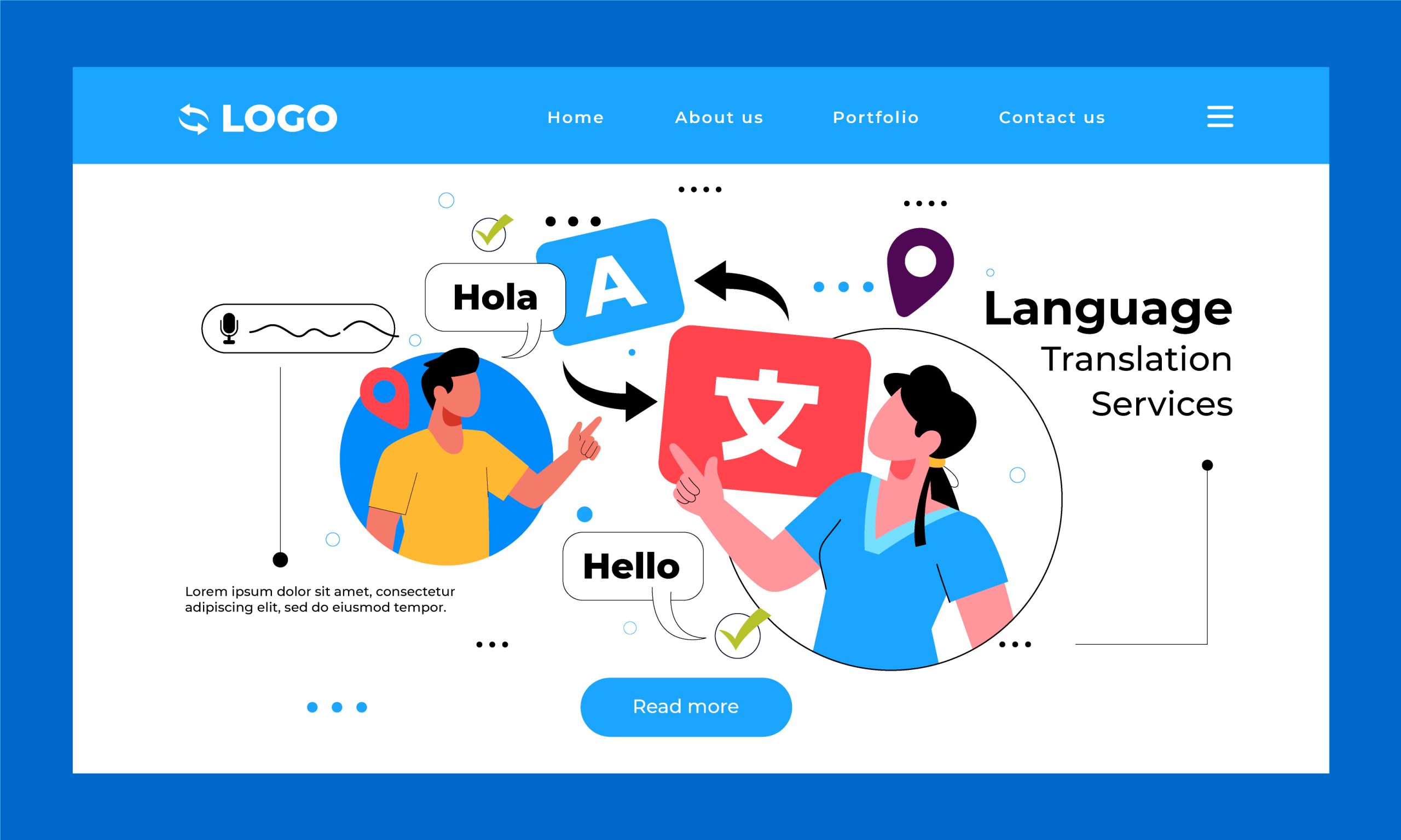 An illustration of a translation service landing page on a desktop.