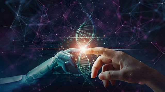 A person and robot link fingers on a DNA string.