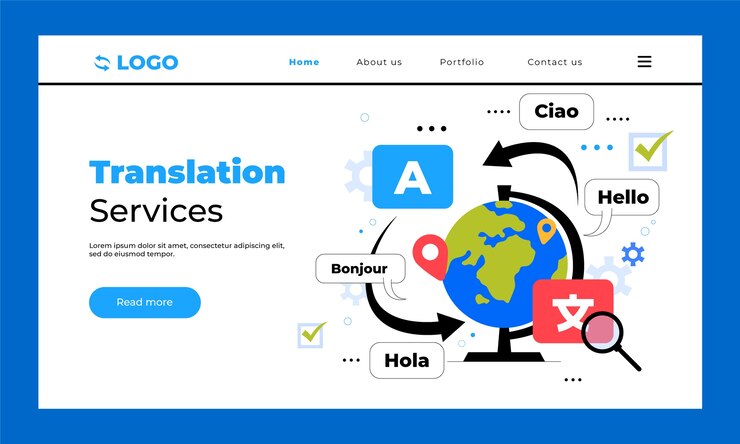An illustration of a translation service landing page on a desktop.