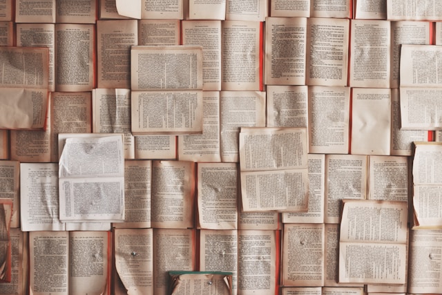 A picture of many open books captured from above. 