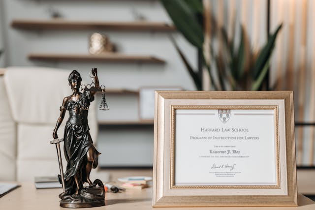 A Lady Justice statuette beside a framed diploma.
