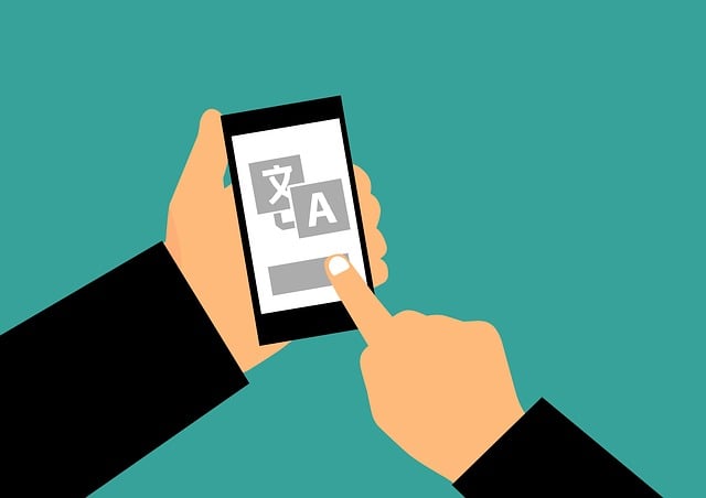 An illustrated hand taps the logo of a translation tool on a smartphone.
