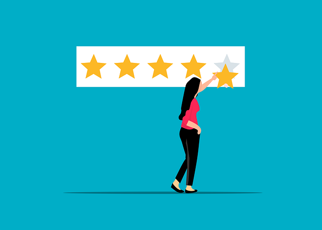 An animated character gives a five-star rating.
