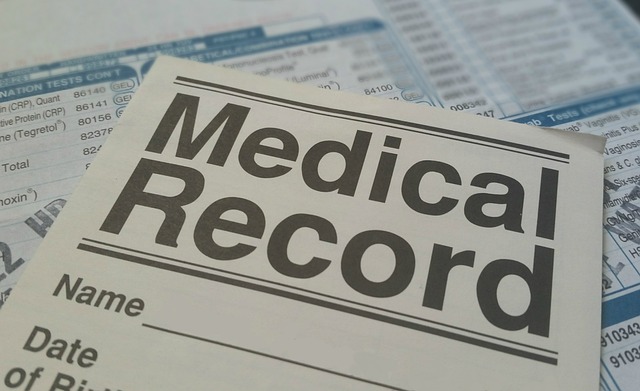 Close-up view of a medical record’s front cover.