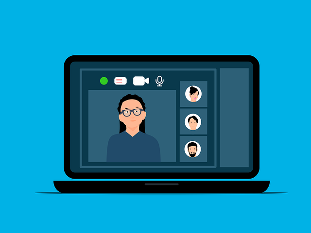 An illustration of an ongoing virtual meeting on a laptop shows participants.
