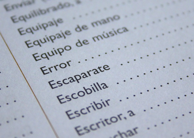 A list of Spanish words in a book.
