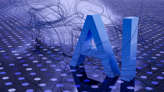 A text block with wires surrounding it reads “AI.”
