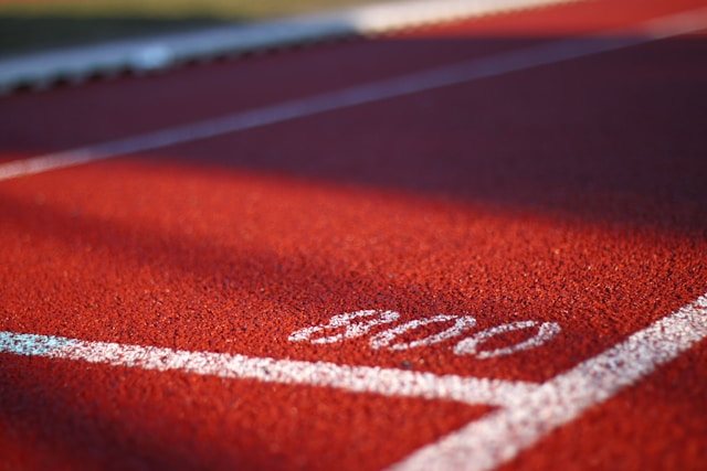 A low-angle view of a track field.