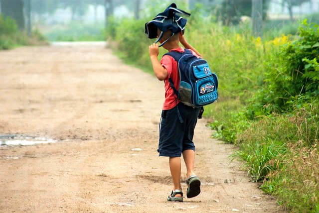 A child carrying a backpack walks on a path outdoors.
