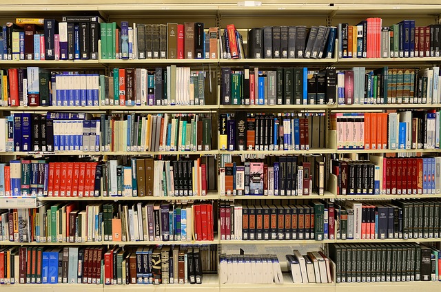 A library bookshelf contains many books.
